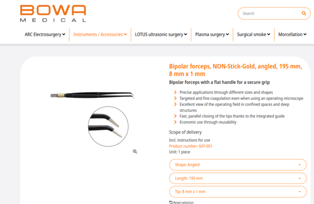 Bipolar forceps, NON-Stick-Gold bayonet, 195 mm, 6 mm x 1 mm 