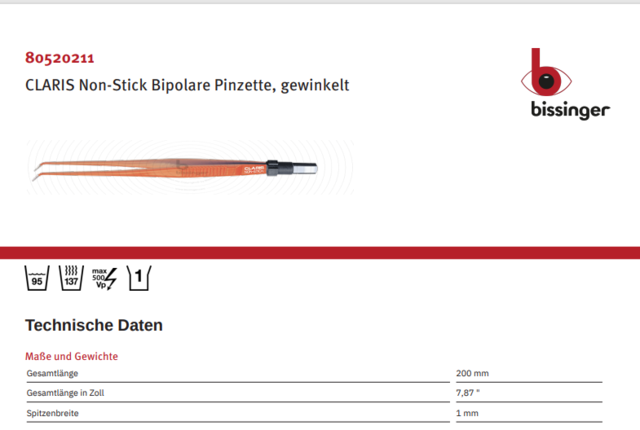 Bip.CLARIS Pinsett,non-stick, vinklet 200mm, 1mm, flat-plug 